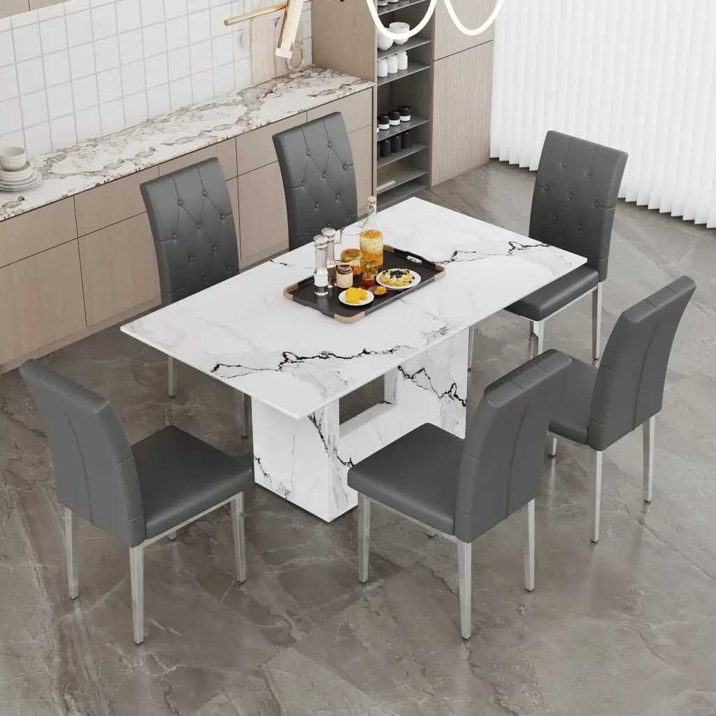 Table and Chair Set 63 X 35.4 White Stone Patterned MDF Dining Table droom w-1151