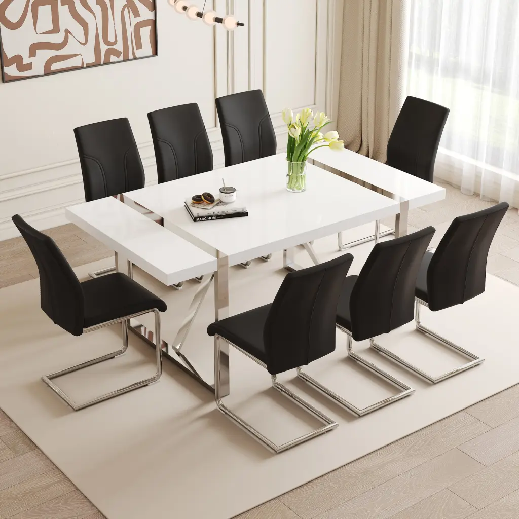 Table And Chair Set 71X39.3 Inch White MDF Painting Dining Set droom w-1151