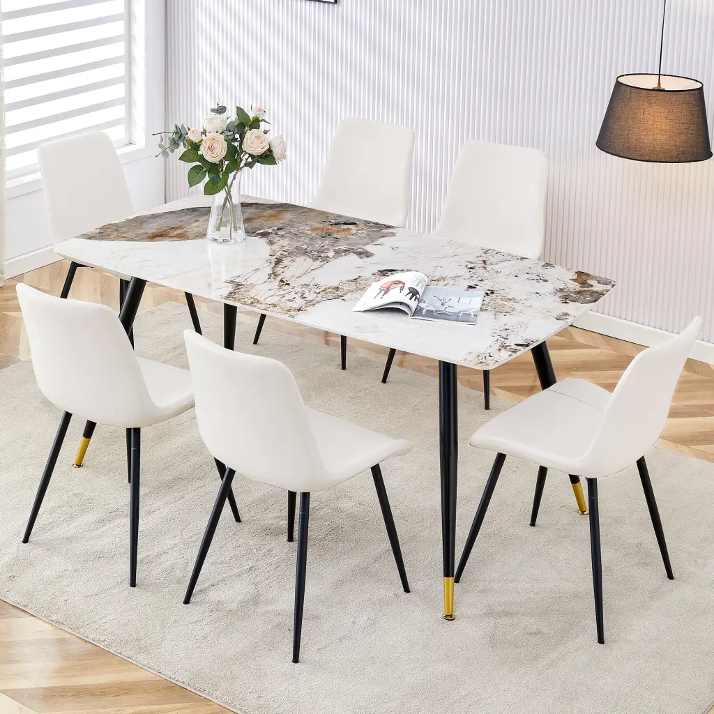 Table And Chair Set Imitation Marble Texture Rock Board Table Top Black Metal Frame droom w-1151