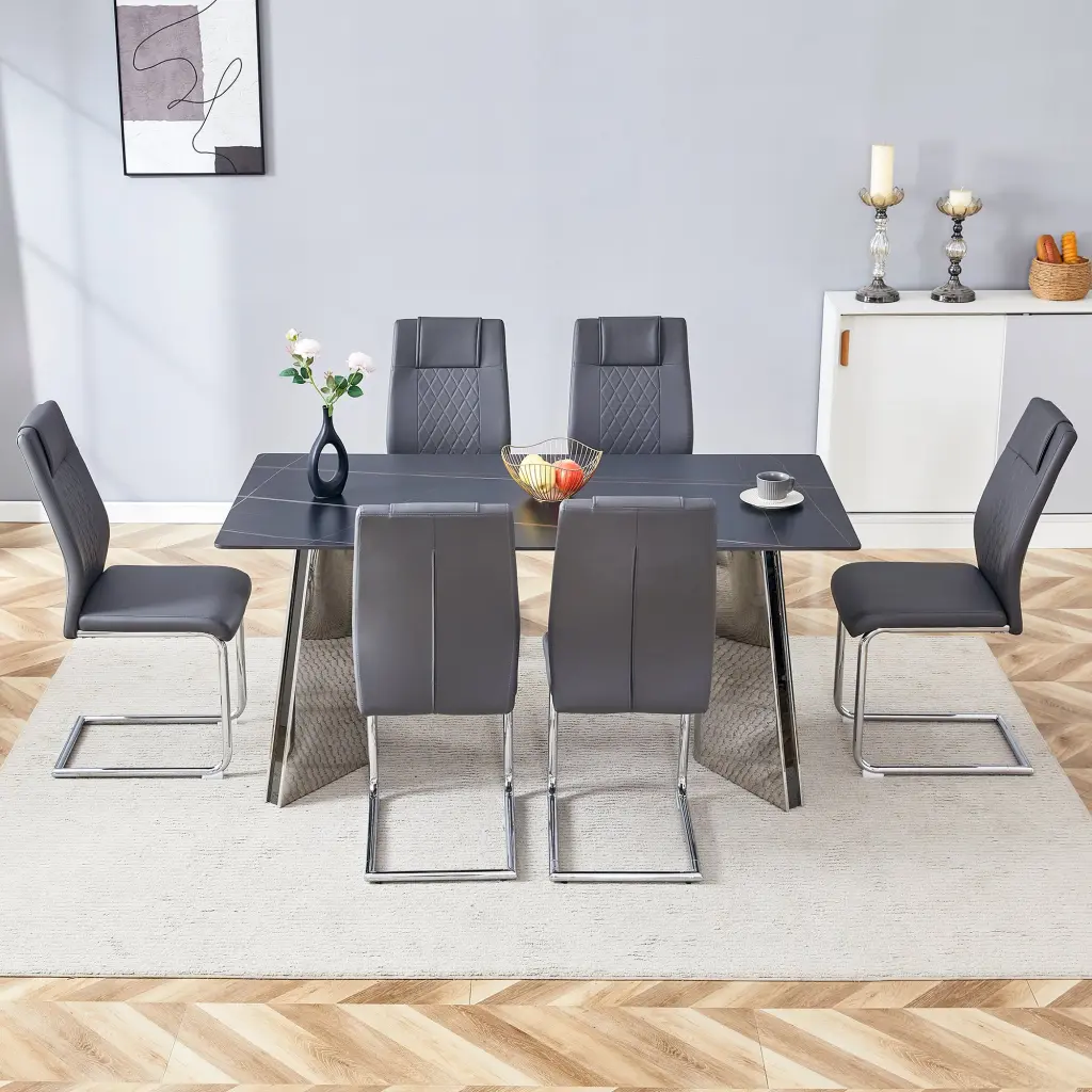 Table And Chair Set 63 Inch Black Stone Patterned Slabs Tabletop droom w-1151