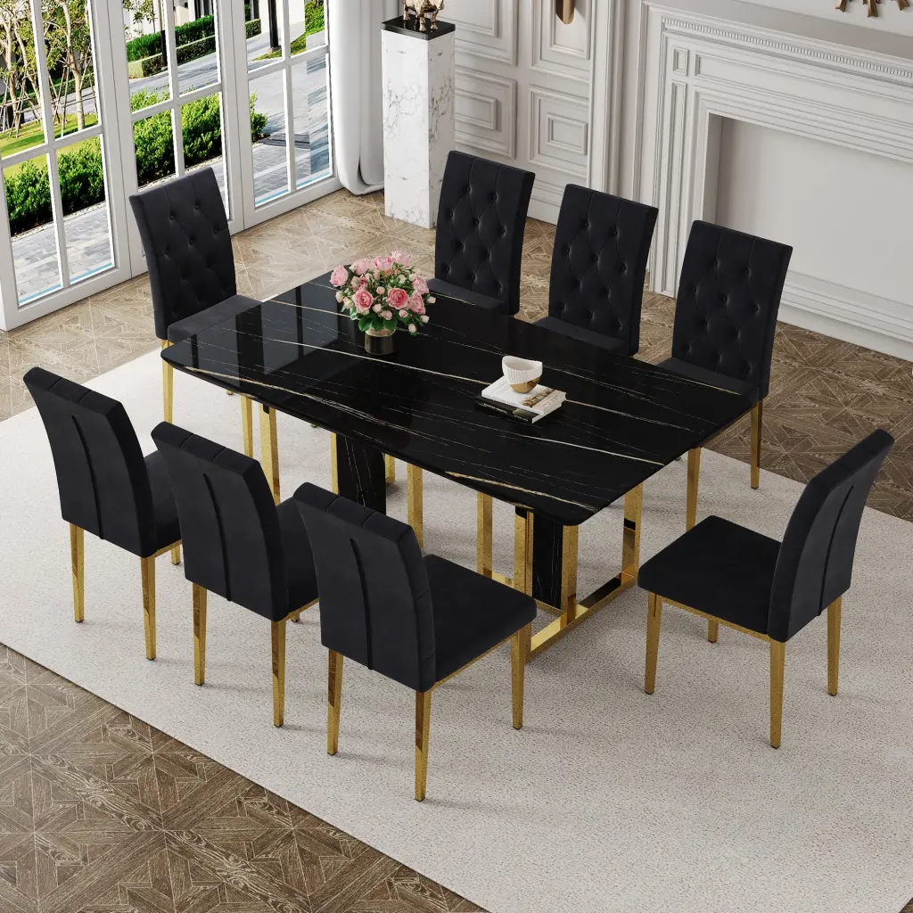 Table and Chair Set Modern Luxurious Black Rectangular Patterned Dining Set droom w-1151