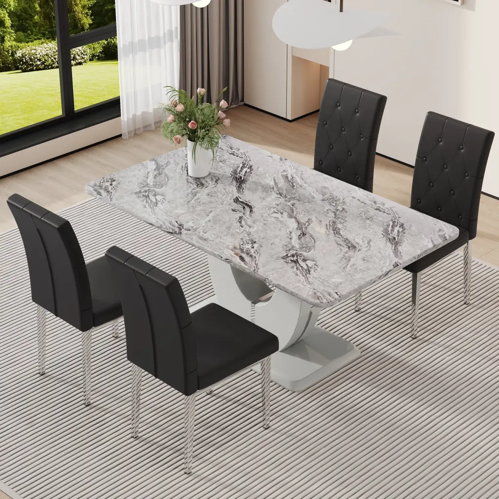Table And Chair Set Modern Minimalist Stone Textured Rectangular Dining droom w-1151