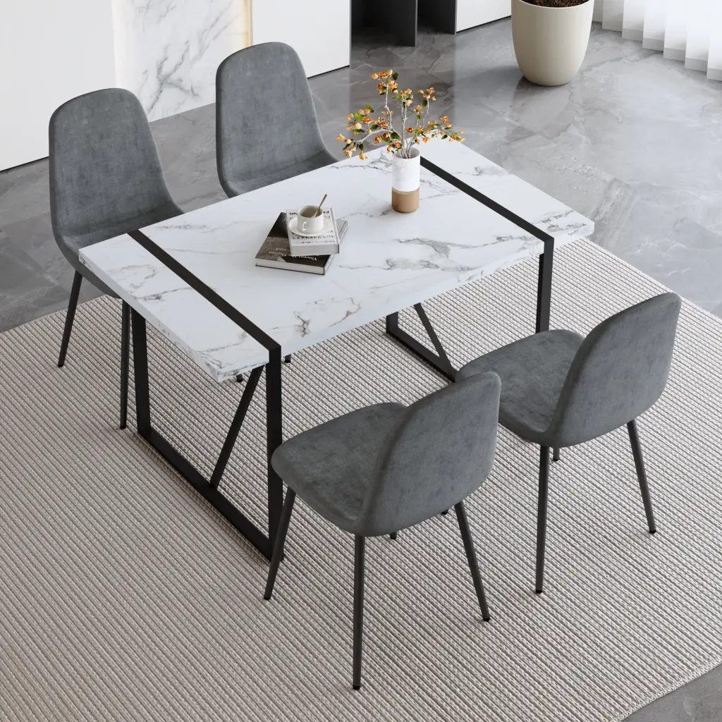 Table And Chair Set Modern Minimalist White Stone Veined Mdf Dining Kitchen Furniture droom w-1151