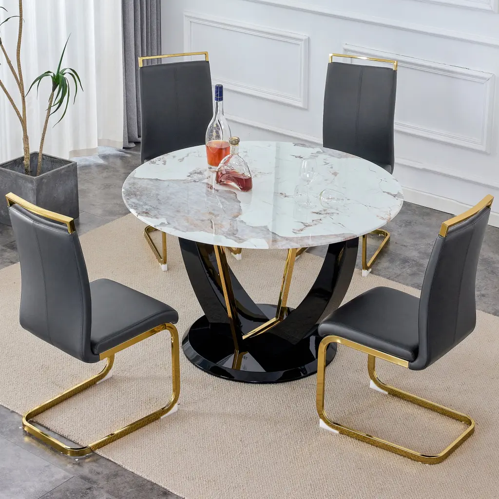 Table and Chair Set 1 Round Table and 4 Chairs Pandora Style Stone Base droom w-1151