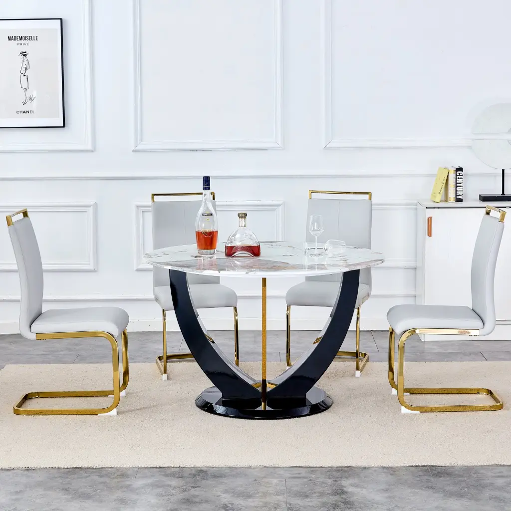 Table and Chair Set 1 Table and 4 Chairs Round Pandora Style Stone droom w-1151