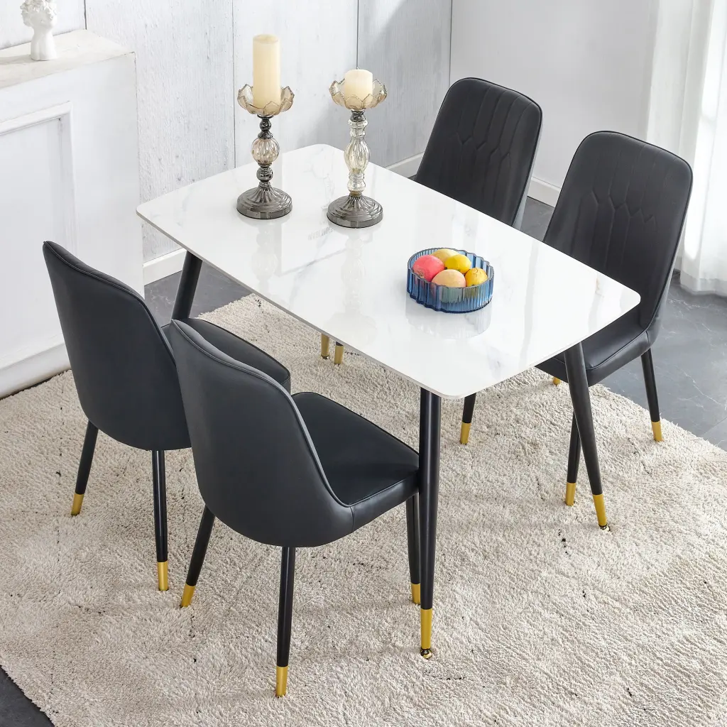 Table And Chair Set. White Imitation Marble Stone E-reader op Black droom w-1151