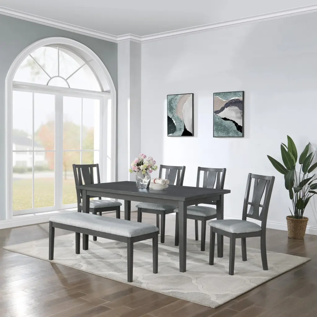 6 Piece Dining Set Bench Gray Rubber Wood Kitchen Table and Chairs dty home