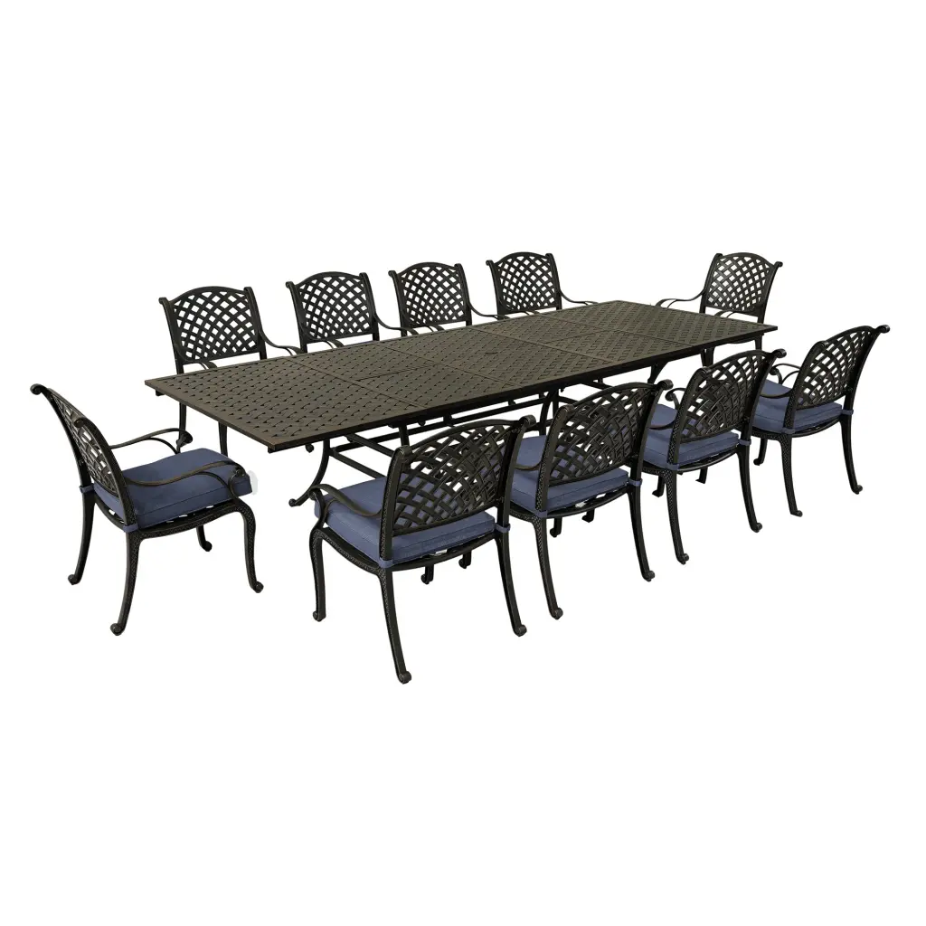 126 Inch Rectangular 10 Person Dining Set Navy Blue Cushions gathercraft