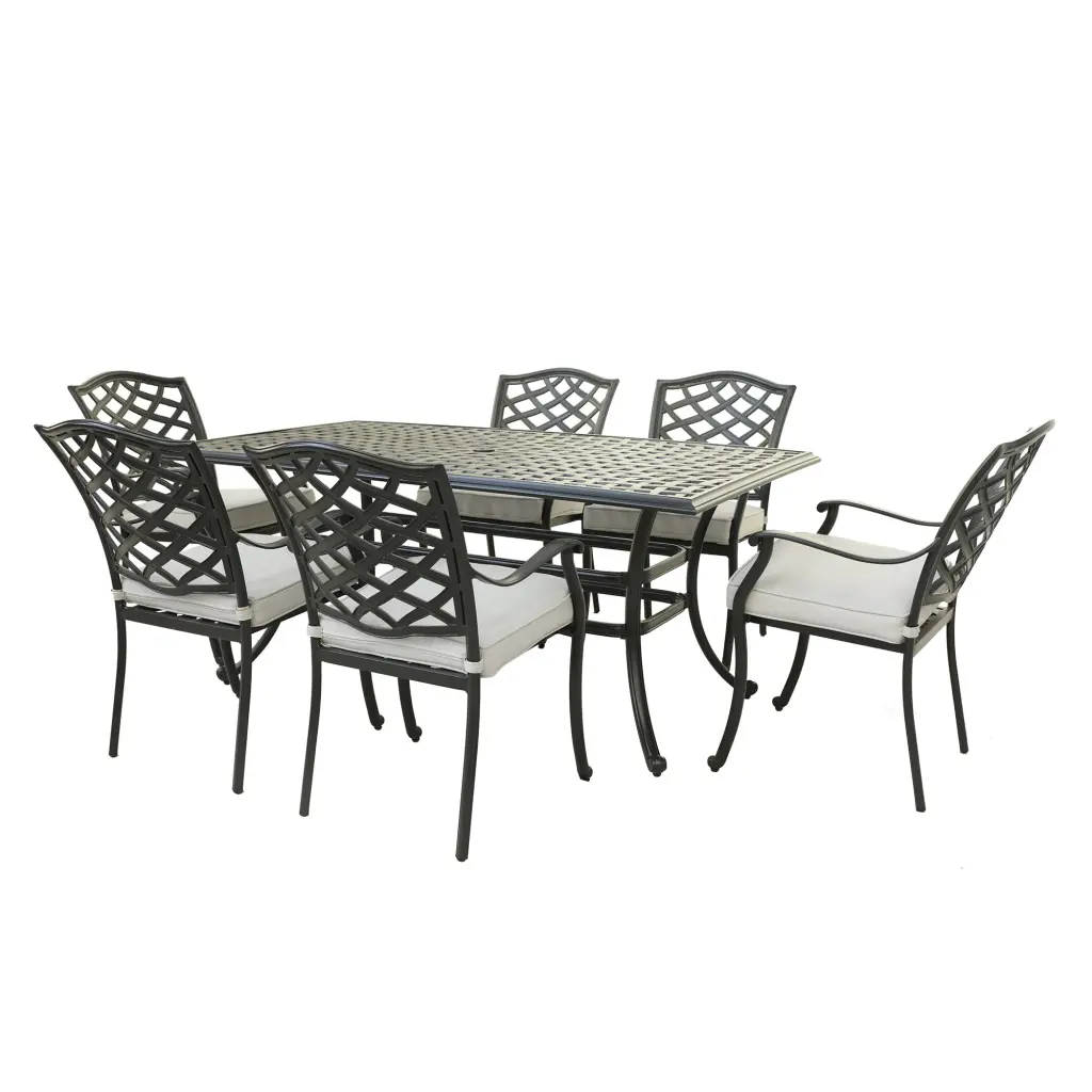 7 Piece Aluminum Rectangular Dining Set 6 Arm Chairs Cast Silver gathercraft