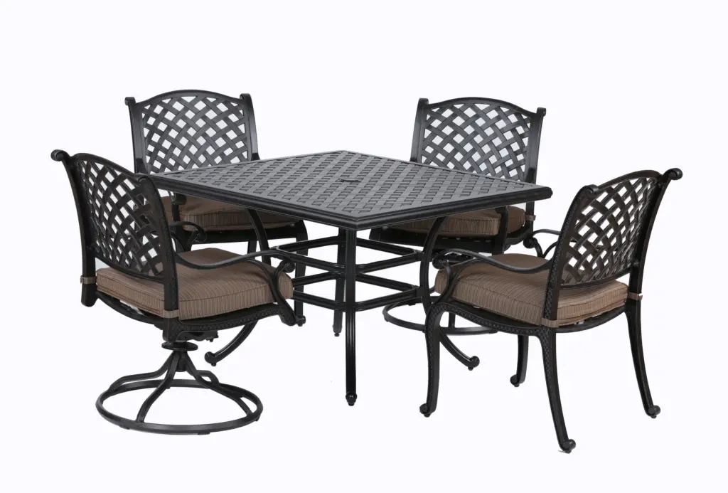 Square 4 Person 44 Inch Long Aluminum Dining Set Cushions Antique Bronze gathercraft