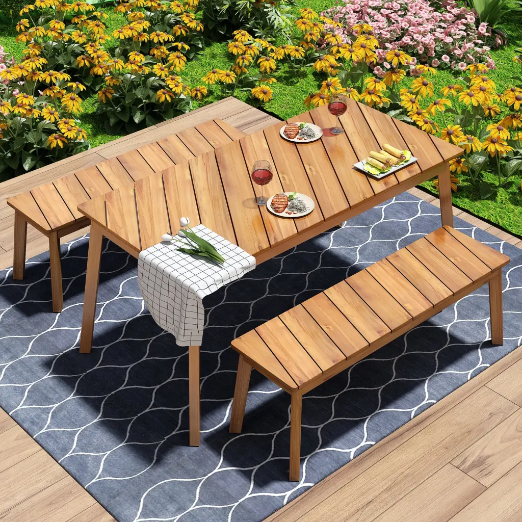 3 Piece Acacia Wood Table Bench Dining Set Outdoor and Indoor Furniture go