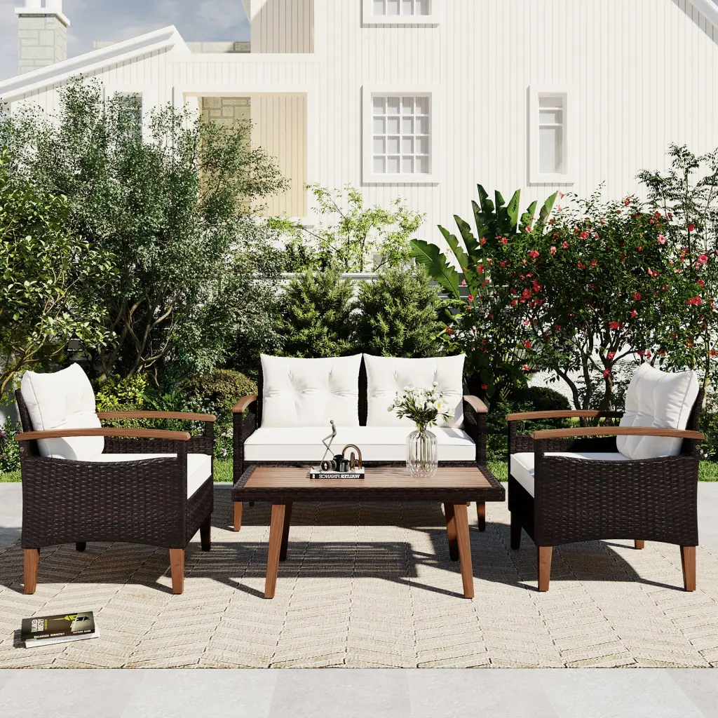 4 Piece Garden Furniture Set Patio Seating PE Rattan Outdoor Sofa Cushions go