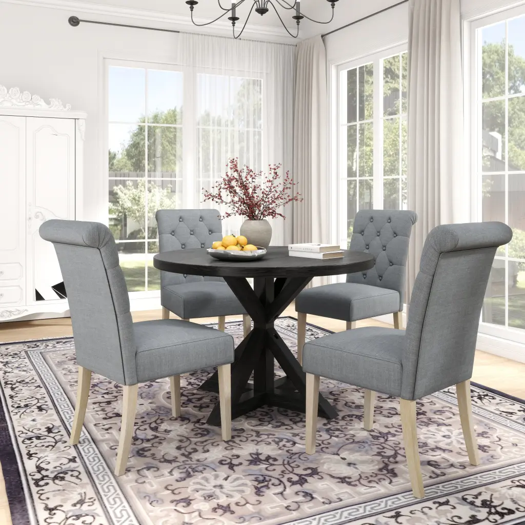 Banff 5 Piece Dining Set Cross Buck Round Table and 4 Tufted Chairs hz