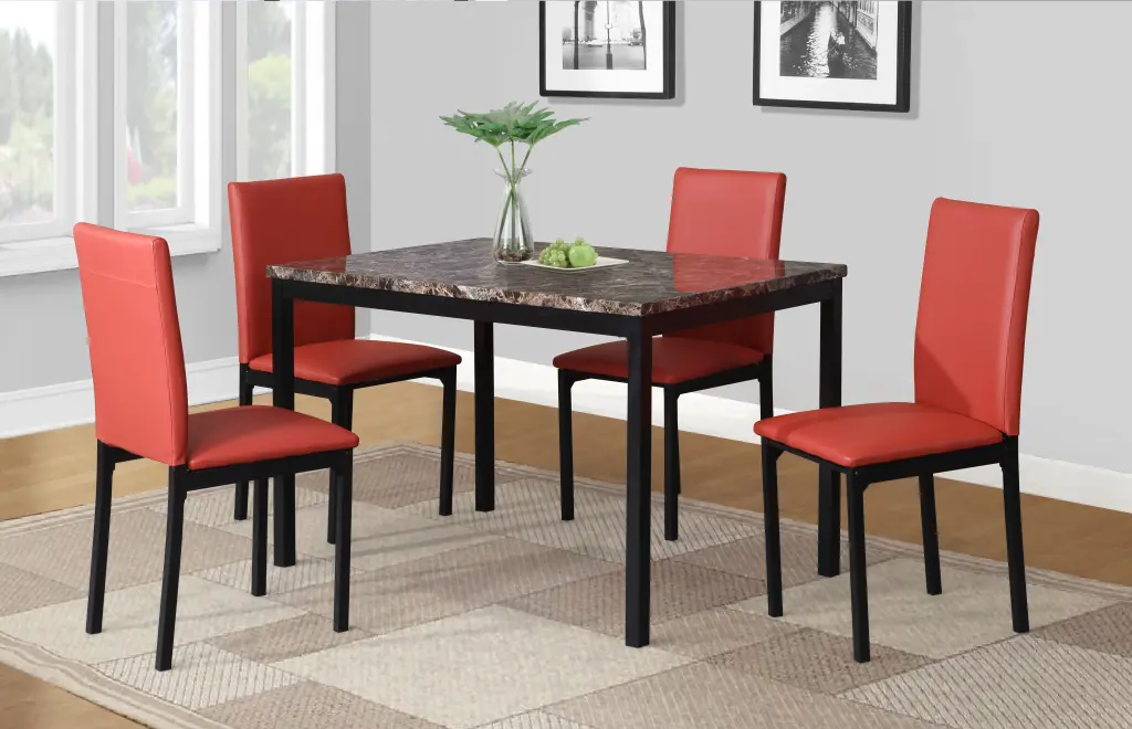 Citico 5 Piece Metallic Dinette Set Laminated Faux Stone Top Red hz