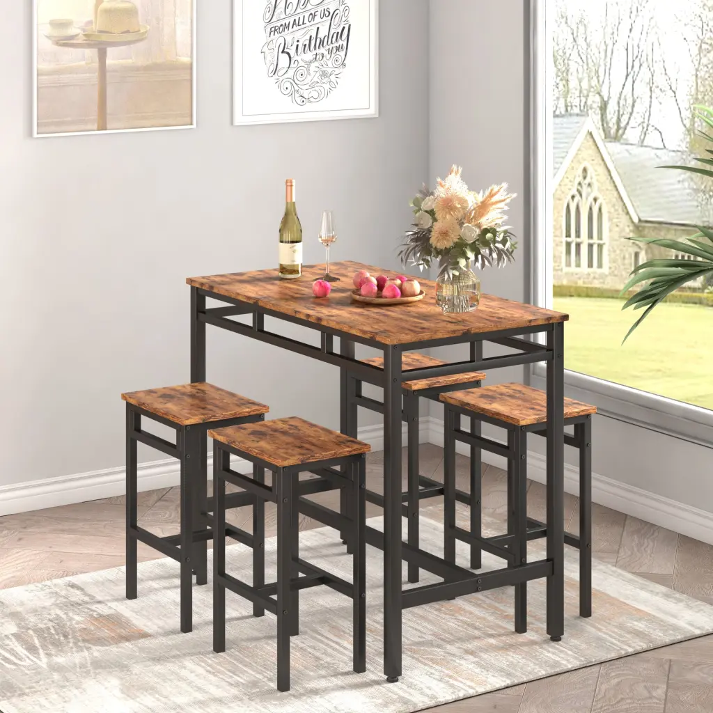 5 Piece Bar Table Set High Stools Structural Strength Dining Set jhx