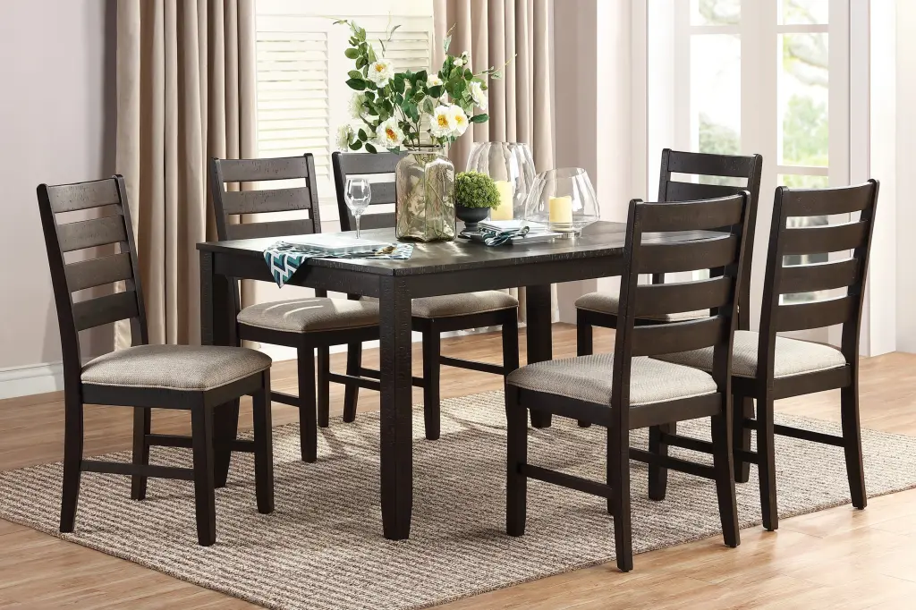 7Pc Dining Set Brown Finish Table 6 Beige Upholstered Side Chairs kanepe