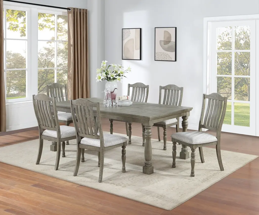 7-Piece Light Grey Finish Dining Set Table and 6 Chairs kanepe