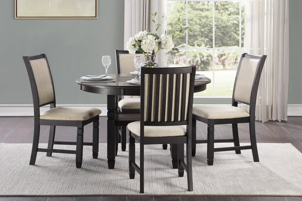 Black Finish 5Pc Dining Set Table Base Built Shelf And Upholstered Chairs kanepe