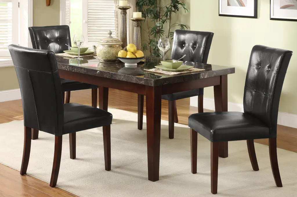 Dark Cherry Finish Wooden 5 Piece Dining Set Marble Top Table kanepe