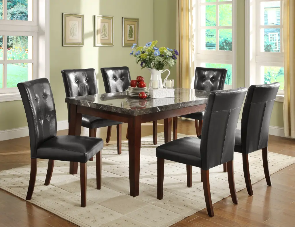 Dark Cherry Finish Wooden 7 Piece Dining Set Marble Top Table and 6 Chairs kanepe