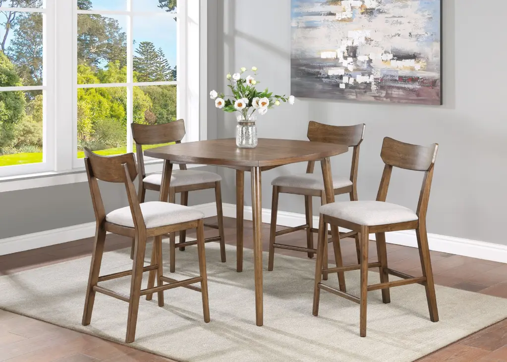 Mid Century Modern Counter Height 5 Piece Dining Set Brown Finish kanepe