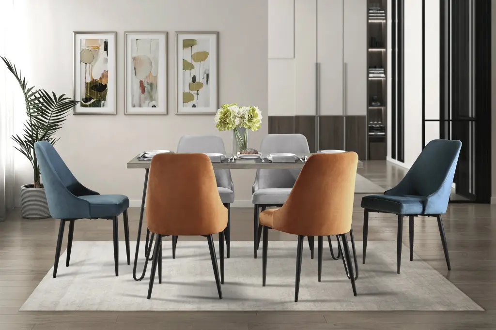 Modern Polished 7 Piece Dining Set Table and 6 Chairs Blue Orange kanepe