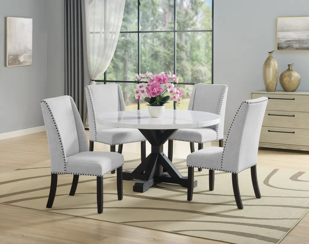 5 Piece Contemporary Dining Set White Marble Round Table Chairs kanepe