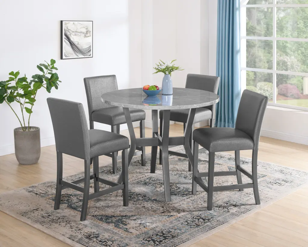 5 Piece Round Gray Stone Table Set Glitter Finish and Upholstered Chairs kanepe