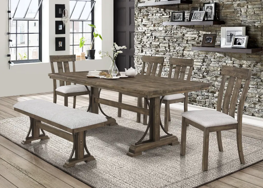 6 Piece Rustic Light Brown Dining Set Trestle Base and Metal Accents kanepe