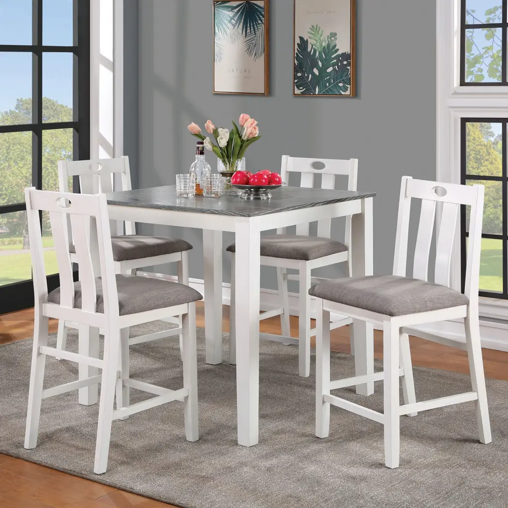 White Solid Wood 5Pc Counter Height Dining Set Table 4X Chairs Gray Upholstery kanepe