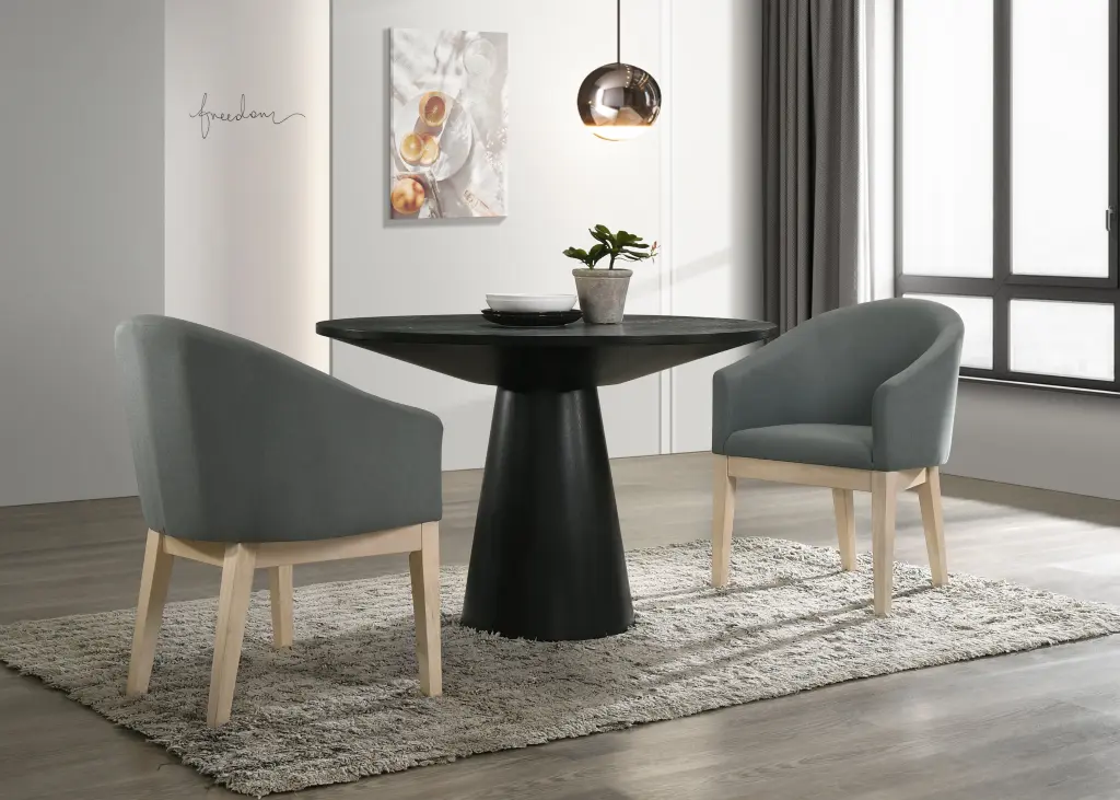 Jasper Ebony Black 3 Piece 47 Inch Round Dining Table Set Gray Barrel Chairs lilola home