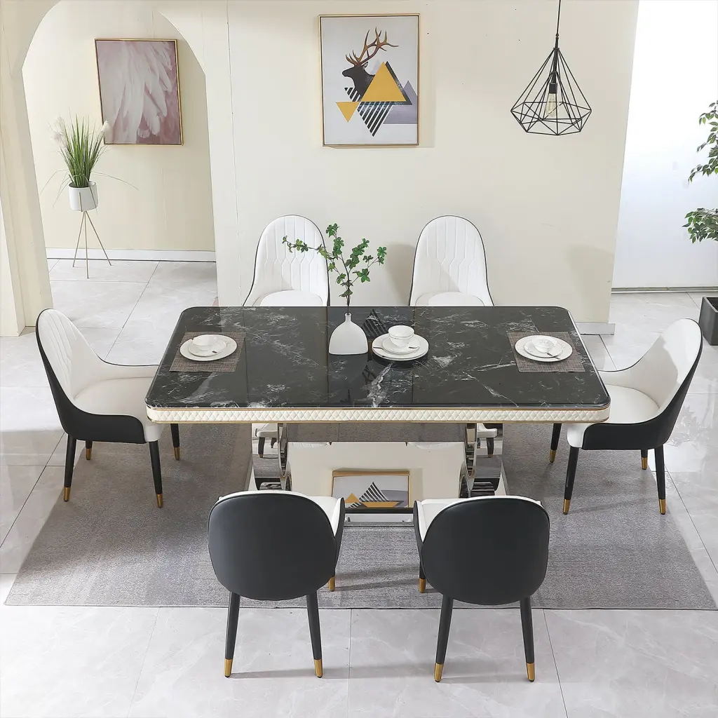 Premium Modern Dining Table 78.7 Inch Black 6 Chairs Set montary