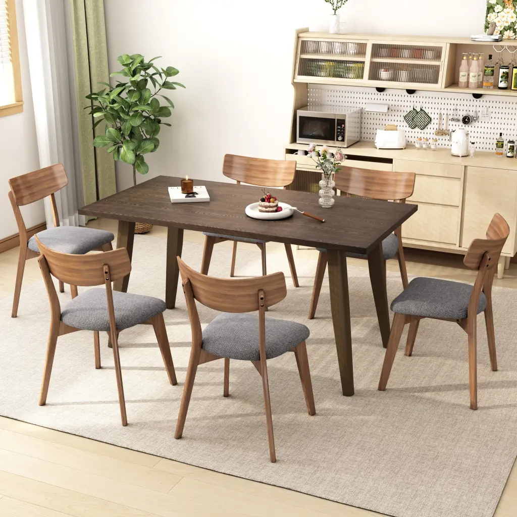 7 Piece Dining Set, Mid Century Walnut Finished Frame Upholstered Dining Chairs nh-uhome
