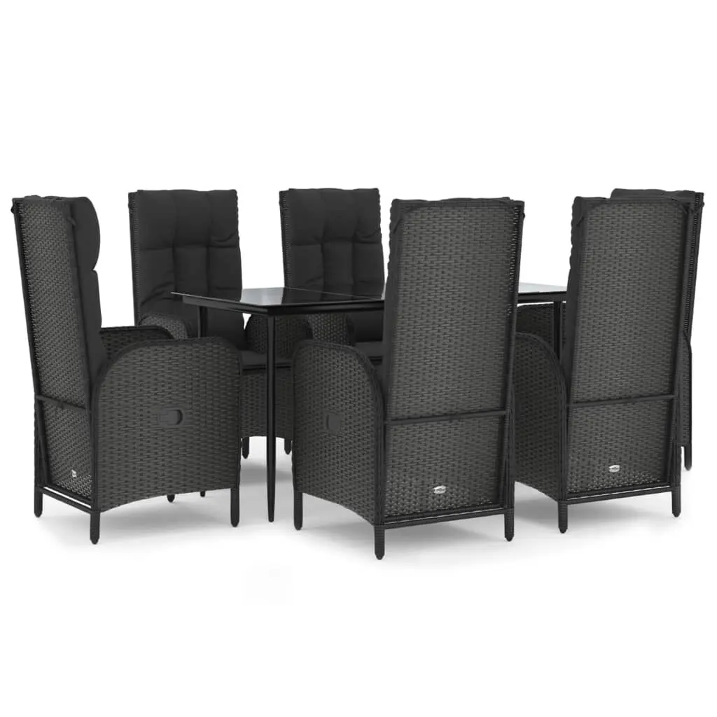 7 Piece Black Poly Rattan Patio Dining Set Cushions Outdoor Furniture