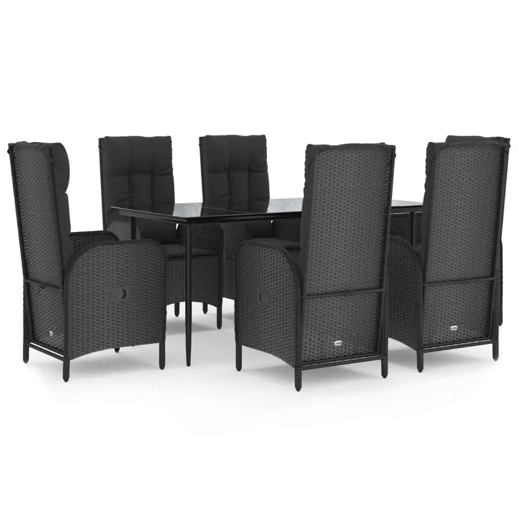 7 Piece Black Poly Rattan Patio Dining Set Cushions Outdoor Furniture