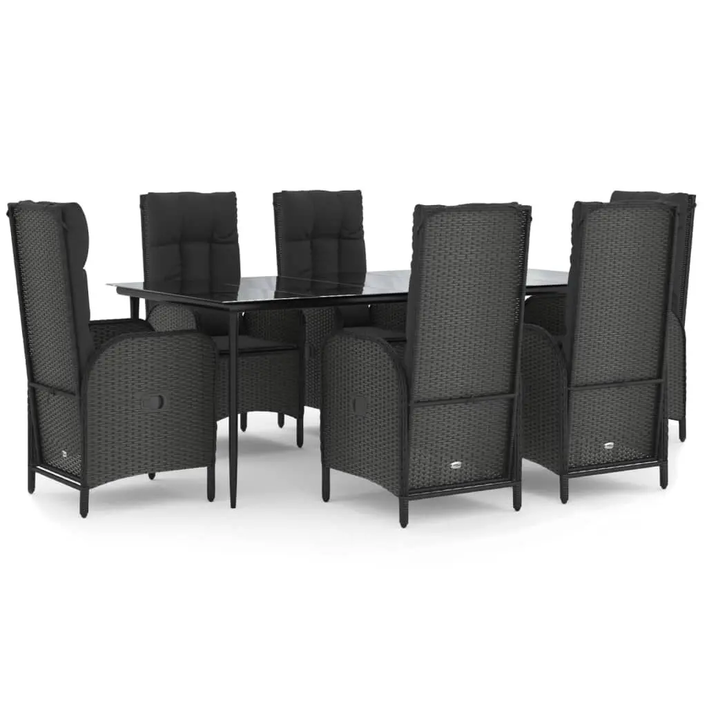 7 Piece Black Poly Rattan Patio Dining Set Cushions Outdoor Furniture