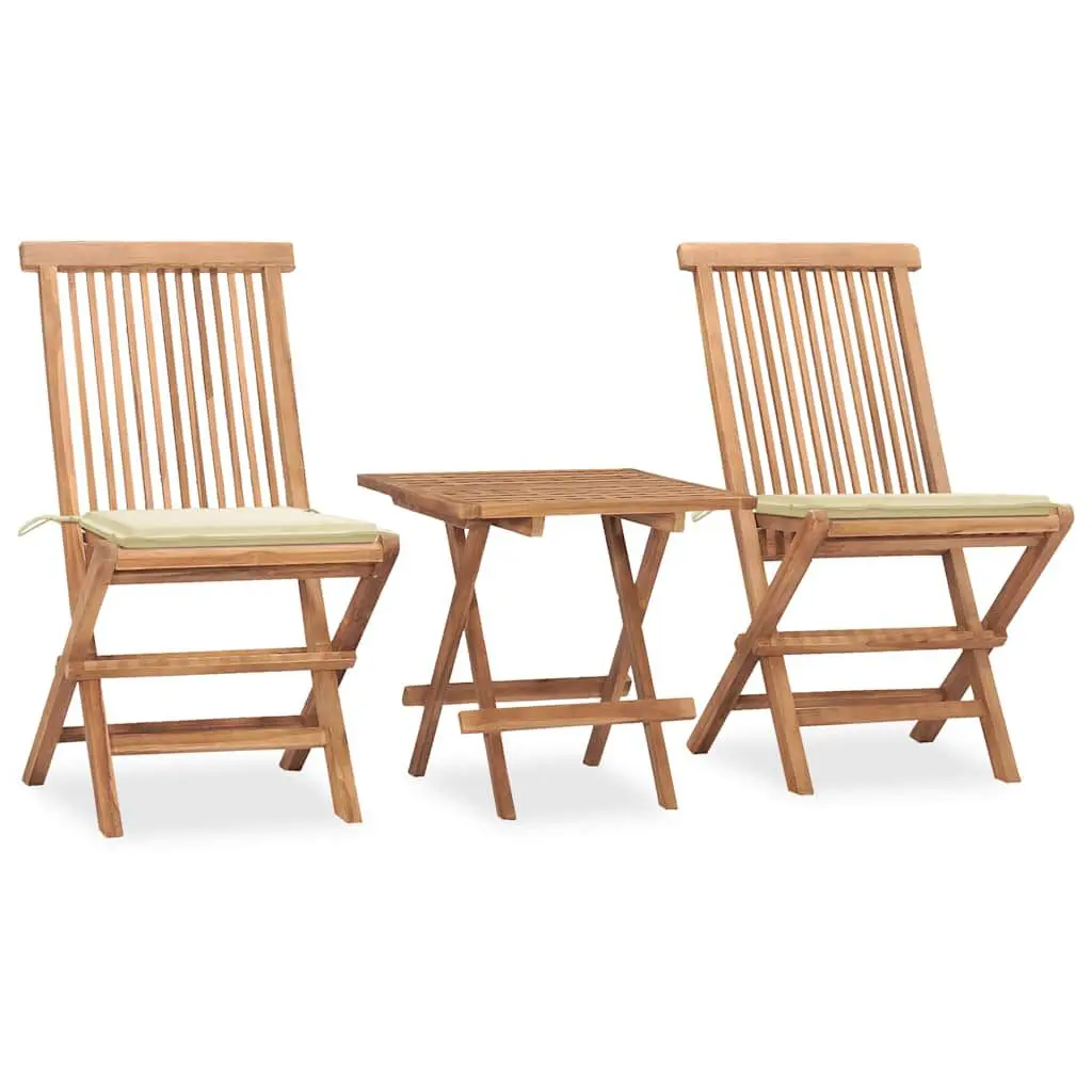 3 Piece Folding Patio Dining Set Cushion Solid Teak Wood