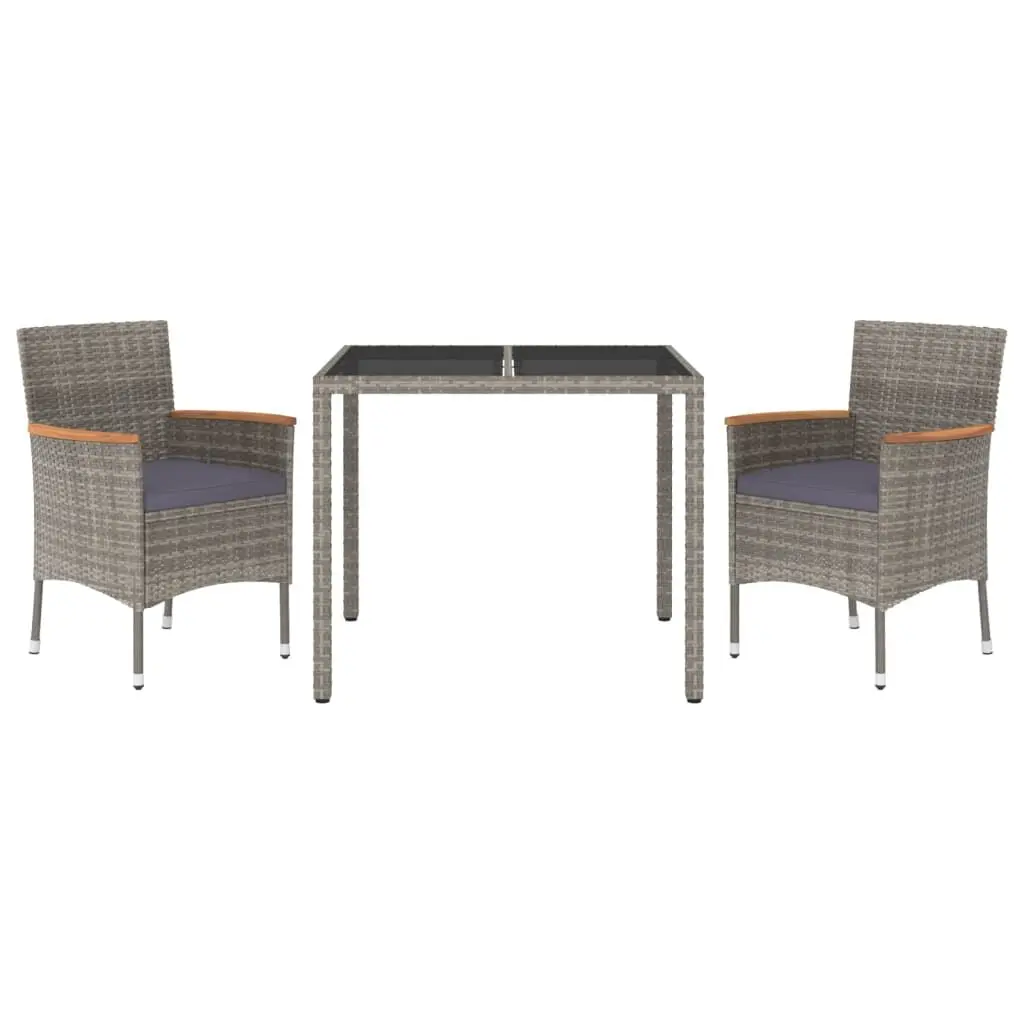 3 Piece Gray Poly Rattan Patio Dining Set Cushions Outdoor Furniture