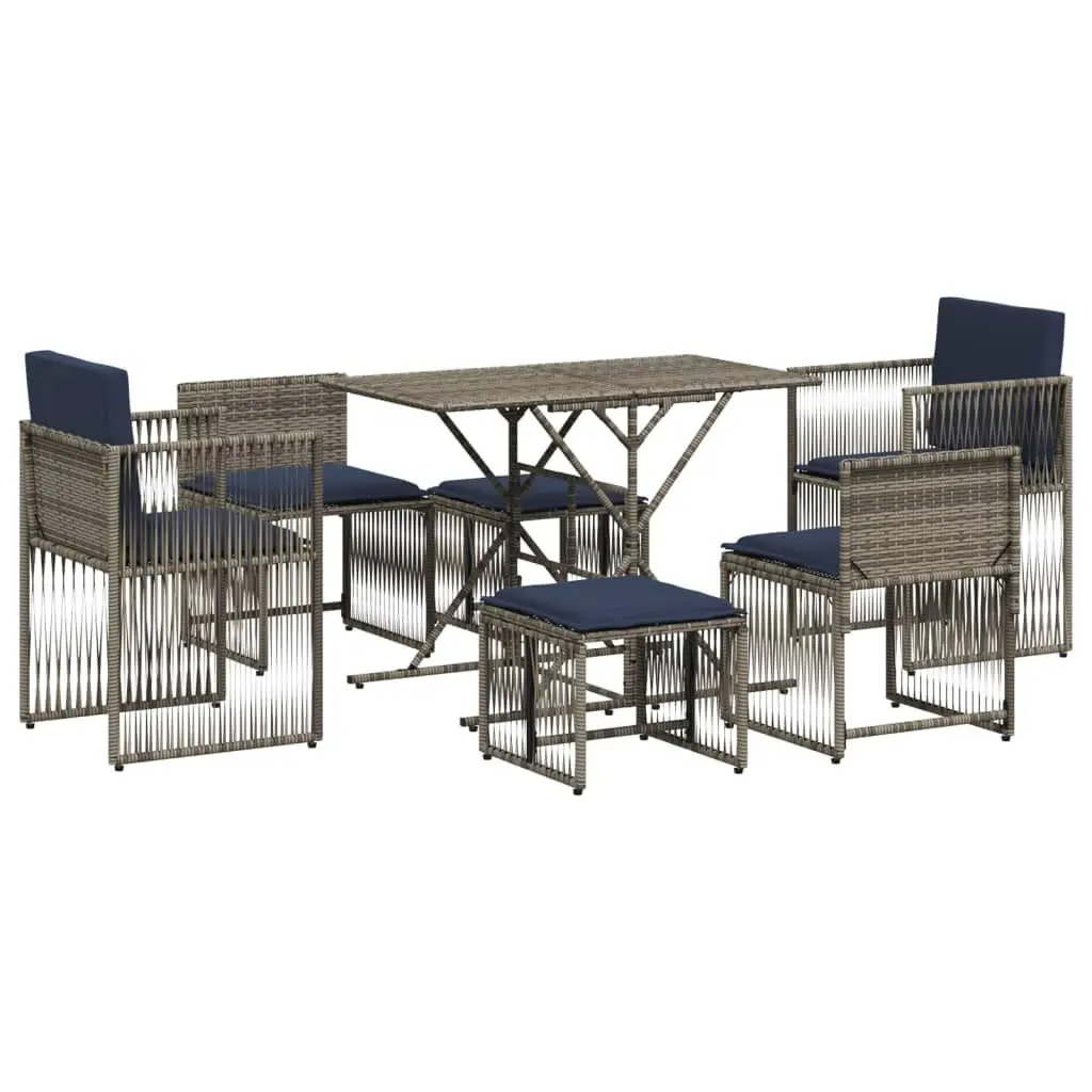 7 Piece Gray Poly Rattan Patio Dining Set Cushions Outdoor Table Set