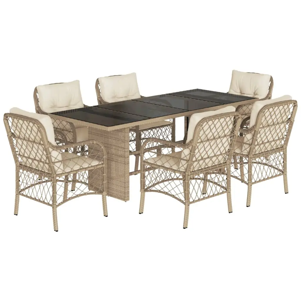 7 Piece Patio Dining Set Cushions Beige Poly Rattan Outdoor Furniture