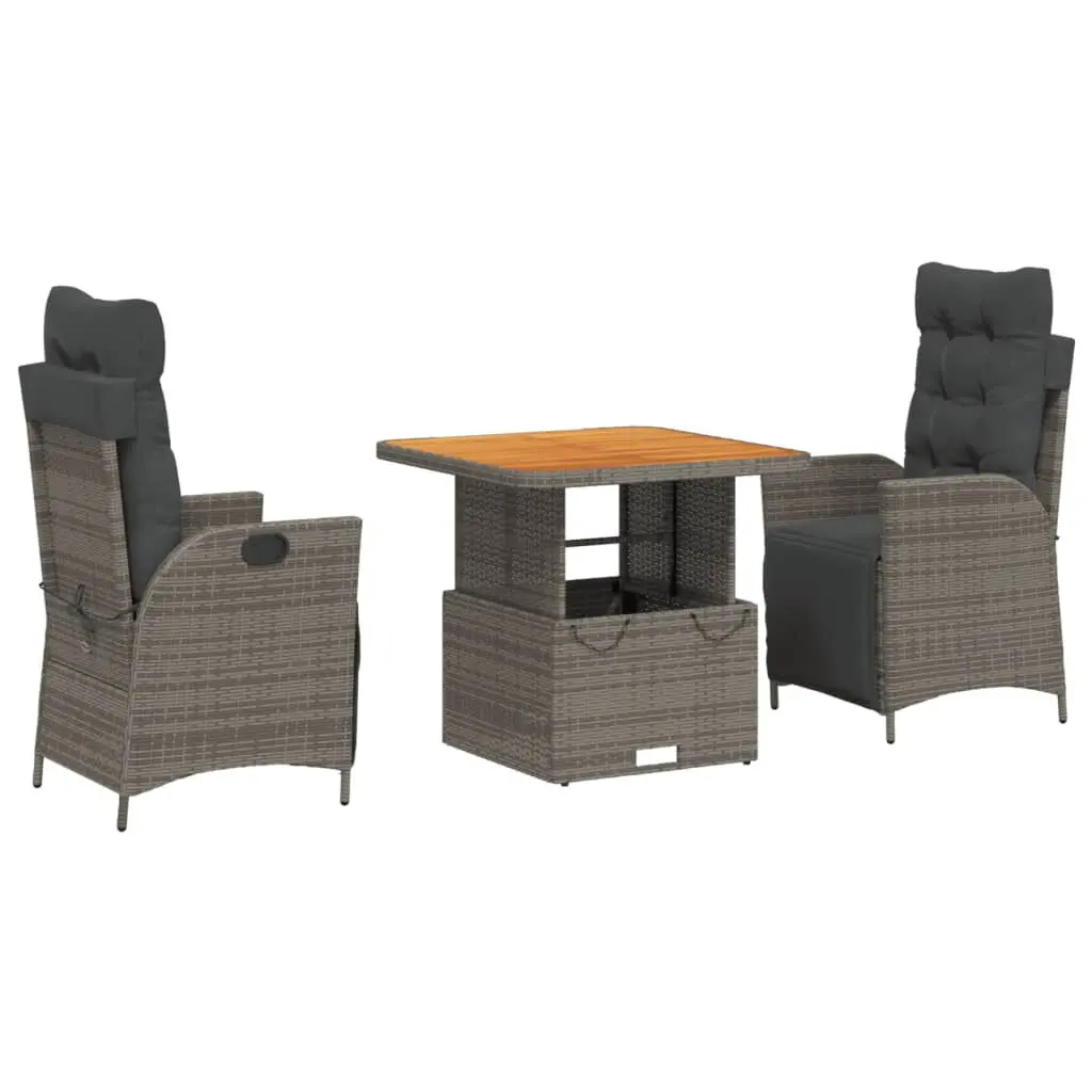3 Piece Patio Dining Set Cushions Gray Poly Rattan Outdoor Table and Chairs