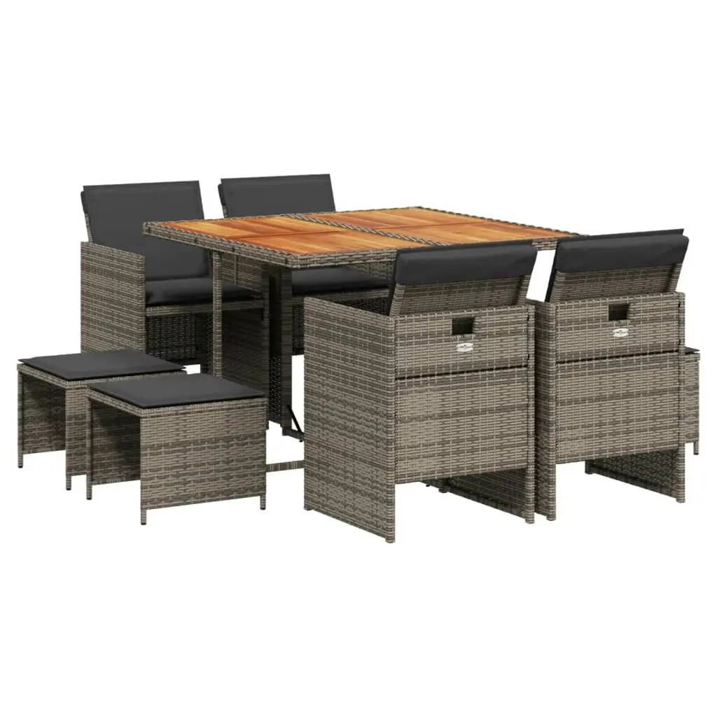 9 Piece Patio Dining Set Cushions Gray Poly Rattan Outdoor Table and Chairs