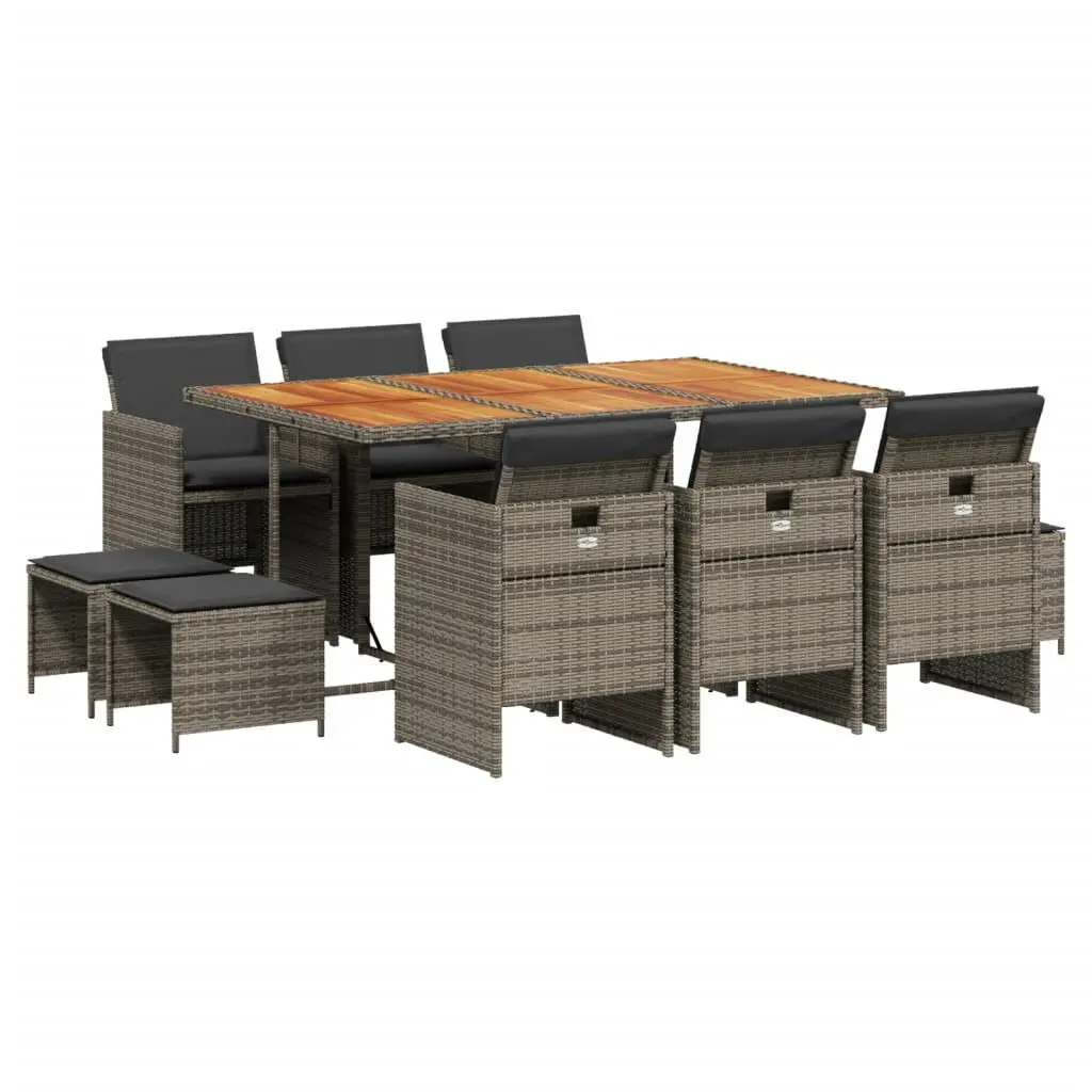 11 Piece Patio Dining Set Cushions Gray Poly Rattan Large Outdoor Furniture