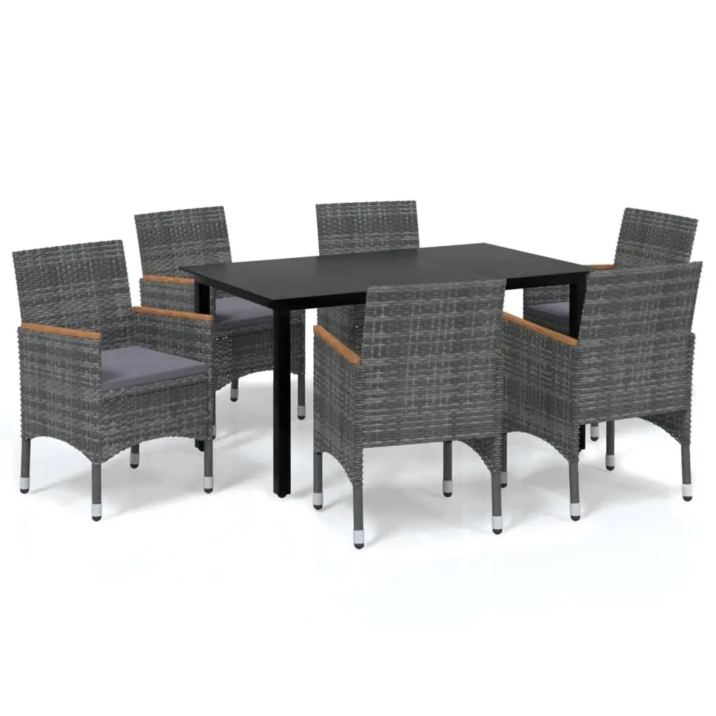 7 Piece Patio Dining Set Cushions Gray Poly Rattan Outdoor Table and Chairs