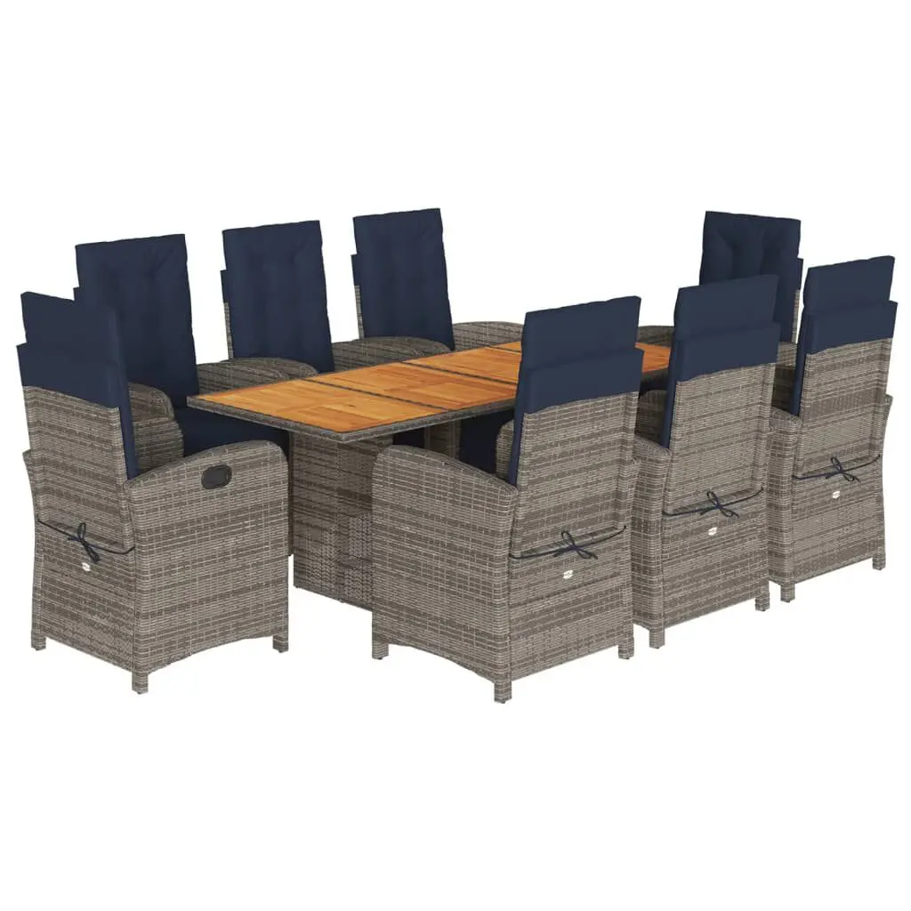 9 Piece Patio Dining Set Cushions Gray Poly Rattan Outdoor Furniture