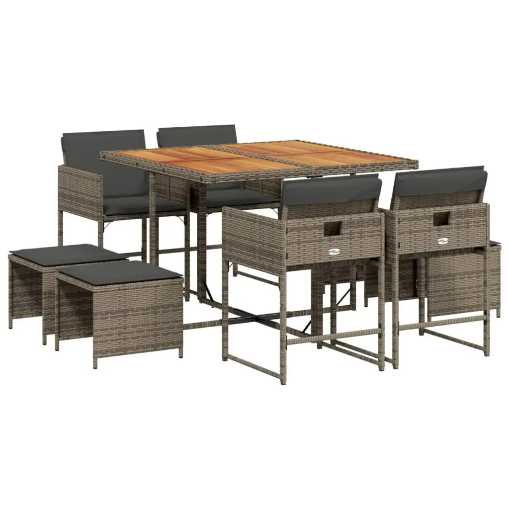 9 Piece Patio Dining Set Cushions Gray Poly Rattan Outdoor Furniture