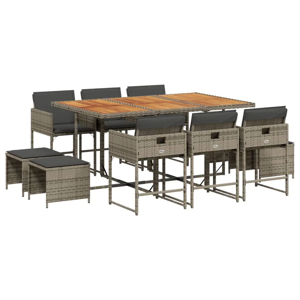 11 Piece Patio Dining Set Cushions Gray Poly Rattan Outdoor Furniture
