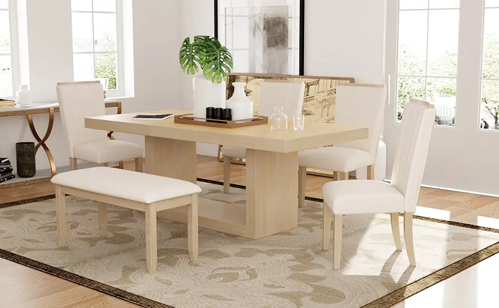 Contemporary 6 Piece 78 Inch Extendable Pedestal Dining Table Set Chairs rnb