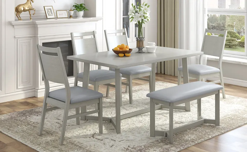 Farmhouse 6 Piece Timber Dining Table Set 4 Upholstered Chairs And Bench Rustic Kitchen Furniture topmax