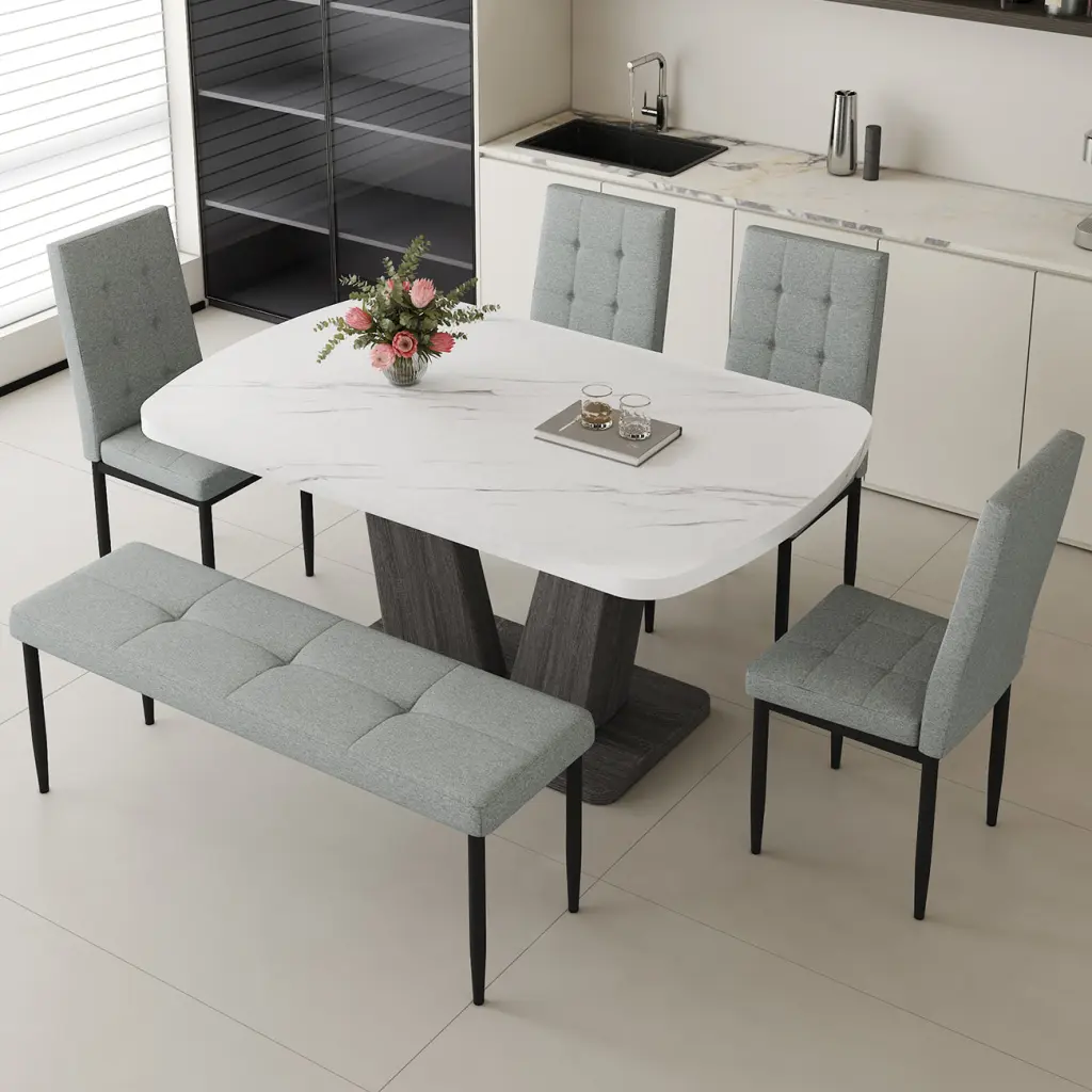 63 Inch Modern Style 6 Piece Dining Table Set 4 Chairs and 1 Bench a-q house
